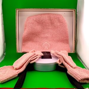 - Kate Spade gift bundle NWT pink metallic hat mittens w/socks/small bag